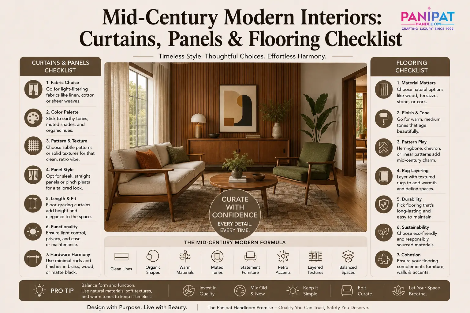 Mid-Century Modern Interiors: Curtains, Panels & Flooring Checklist