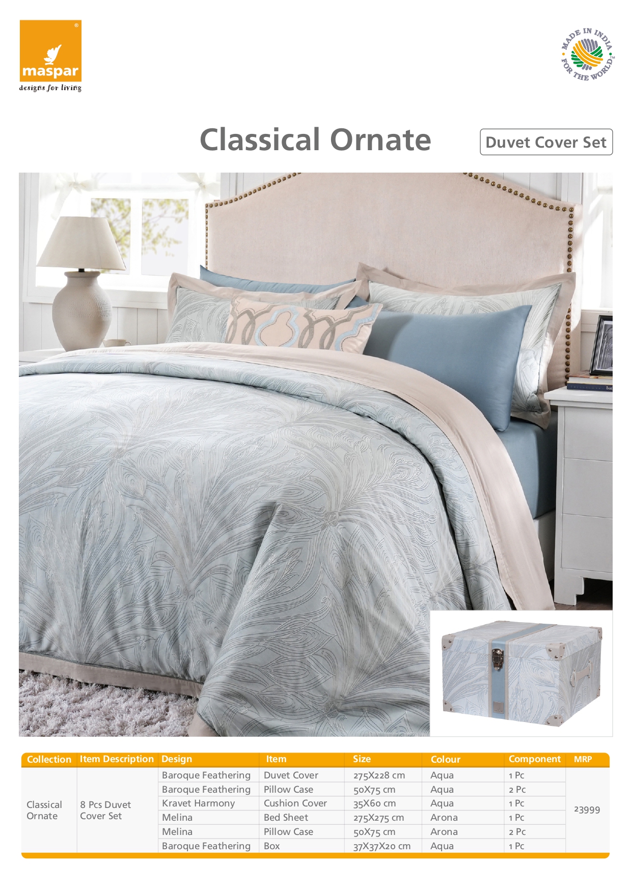Baroque Feathering 8 Pcs Duvet Cover Set - Aqua & Arona