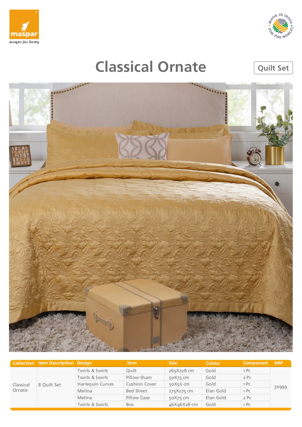 Twirls & Swirls 8 Pcs Quilt Set - Gold & Elan Gold